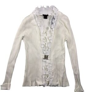 Alison Sheri Cream Ribbed Knit Ruffle Cardigan Sweater Women's XL Elegant